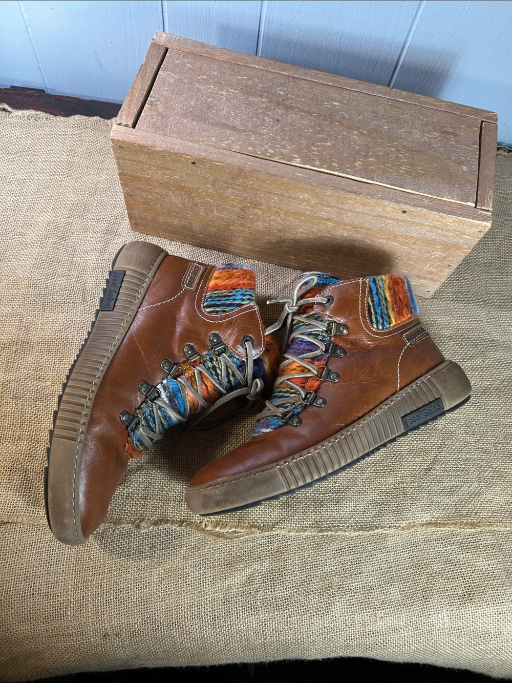 Josef Seibel Brown Leather Ankle Boots with Multicolor Knit Cuffs - Picture 4 of 10